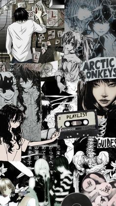 an image of some anime characters collaged in black and white with the words arctic monkeys on them