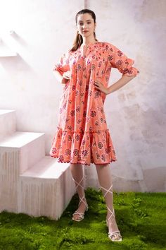 Blush pink dress with floral block print and mandarin collared neckline. - Aza Fashions Floral Block Print, Blush Pink Dresses, White Tree, Cotton Voile, Dress For Women, Mandarin Collar, Dress Pattern, Aza Fashion, Block Print