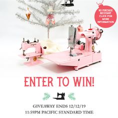 a pink sewing machine sitting next to a christmas tree