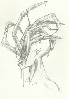 a drawing of a man's head with an insect on his forehead and hands in the air