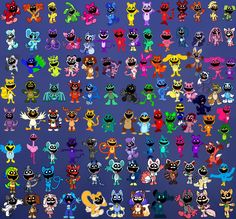 an image of many different colored cartoon cats on a purple background with black and white outlines