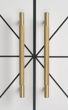 two gold colored handles on the wall