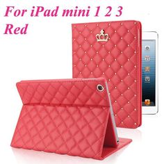 an ipad case with gold studding on the front and back side, in red