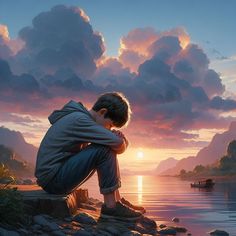 a young boy sitting on the edge of a body of water looking at the sunset