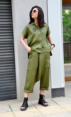 "Linen Pants, Harem Pants, Military Green Pants ◾Military LINEN pants. Loose harem pants. Summer comfortable quality linen pants. Elastic westband. Zipped pants. Two pockets. The pants are very comfy, Quality linen fabric. They have a sporty elegant style. Loose fitting. Model wearring size S Color: Military ◾ I'm Glad that you came into my boutique :) ✂ Fabric: 100% lINEN ◾ The style was originally designed and professionally constructed by me. Each item of my shop is specially packaged with a Casual Relaxed Fit Pant Set With Pockets, Casual Sets With Relaxed Fit Ankle-length Pants, Casual Sets With Pockets And Straight Pants, Casual Green Sets With Pockets, Casual Cotton Pant Set With Straight Pants, Casual Pant Set With Relaxed Fit Straight Pants, Casual Sets With Relaxed Fit Trousers, Casual Green Sets With Buttons, Cotton Wide Leg Sets With Pockets