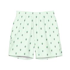 Mid-length swim trunks with cactus pattern. They're quick-drying and breathable, have multiple pockets for all your belongings (even a secret inner pocket!) and feature a silky, anti-chafe inner liner. * Fabric and liner composition: 91% recycled polyester, 9% spandex * Four-way stretch water-repellent microfiber fabric * Anti-chafe mesh inner liner * Elastic waistband with drawcord * Mesh pockets * Small inside pocket for valuables * UPF 50+ Care instructions: Cold wash and hang to dry. Please Green Swim Trunks With Pockets, Green Swim Trunks With Pockets And Relaxed Fit, Green Swim Trunks With Pockets Relaxed Fit, Green Relaxed Fit Swim Trunks With Pockets, Casual Green Printed Swim Trunks, Casual Athletic Shorts With Pockets For Poolside, Green Swim Trunks With Built-in Shorts And Relaxed Fit, Green Swim Trunks With Side Pockets For Beach, Happy Cactus