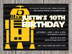 a star wars birthday party with a robot on the front and black stripes around it