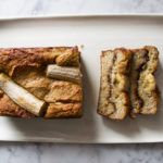 two slices of banana bread on a white plate