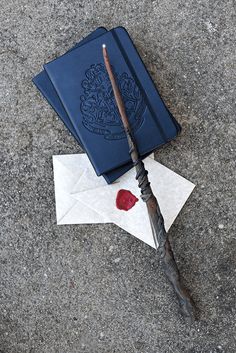 an umbrella and harry potter book laying on the ground next to an envelope with a wax seal