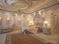 a fancy bedroom with chandelier, couch and bed