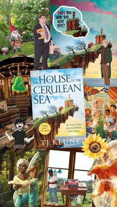 collage of various images with people in the background and text that reads house of the cerulean sea