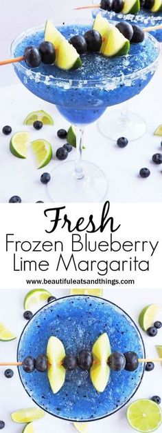 fresh frozen blueberry lime margarita with lemon wedges and black olives on the rim