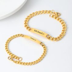 Celebrate your special connection with the Personalized Couples Engraved Bracelet Set. These bracelets are a symbol of unity and togetherness, featuring personalized engravings that tell your unique story. Crafted with care, they make for a meaningful and stylish accessory. Show the world your strong bond with this timeless bracelet set, a perfect gift for couples who want to carry their connection with them everywhere they go. HANDCRAFTED WITH CARE: These exquisite bracelets represent the most Custom Engraved Bracelet, Matching Couple Bracelets, Gold Engraving, Engraved Bracelet, Couple Bracelets, Unique Bracelets, Personalized Couple, Photo Heart, Name Bracelet