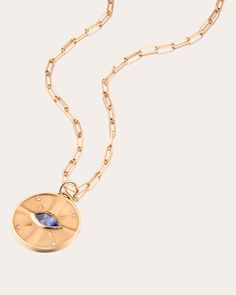 A symbol of feminine power, this Egyptian-inspired necklace features a disc-shaped pendant that's crafted from recycled 18k yellow gold and inlaid with diamonds and tanzanite for just the right amount of sparkle. 14k recycled gold, diamond, tanzanite Diamond: 0.06 tcw Tanzanite: 0.74 tcw Lobster claw closure Clean with warm water and detergent-free soap Handcrafted in NYC Measurements Chain length: 20in Sustainability Metrics: Circular Economy: product is intentionally designed with 50% of activ Egyptian Inspired, Tanzanite Diamond, Inspired Necklace, Feminine Power, Circular Economy, Recycled Gold, Diamond Pendant Necklace, Diamond Pendant, Chain Length