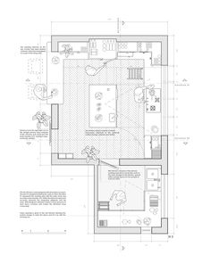 a drawing of a living room and dining area in a house with blueprints on the walls