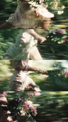 three different shots of a woman with flowers on her head and in the background, she is wearing a white dress