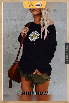 Floral Printed Cotton-blend Long Sleeve Casual Shirts & Tops Black T-shirt For Fall Day Out, Black Fall T-shirt For Day Out, Trendy Long Sleeve Floral T-shirt, Trendy Long Sleeve Floral Print T-shirt, Black T-shirt With Floral Print For Fall, Black Long Sleeve Floral Print T-shirt, Long Sleeve Graphic Print Top For Day Out, White Fashion Casual, Sunflower Print