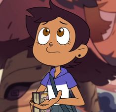 a cartoon character with brown hair holding a book