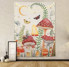 a wall hanging with mushrooms and butterflies on it