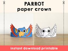 two paper crowns with the words parrot and an image of a bird on one side