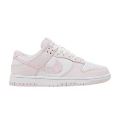 Find NIKE Wmns Dunk Low ' Paisley on Editorialist. The Nike Women’s Dunk Low ‘Pink Paisley’ updates the heritage hoops shoe with pastel accents and refreshed branding. The low-profile silhouette sports a leather upper that combines a stark white base with soft pink overlays at the forefoot and heel. Paisley-print textile is utilized on the signature Swoosh and Nike-branded heel tab. The sneaker sits atop a white midsole, featuring stitched sidewall construction and an interior foam wedge. A pink rubber outsole provides durable traction underfoot. Pink Basketball Shoes With Gum Sole For Streetwear, Pink Sneakers For Streetwear With Laces, Pink Low-top Basketball Shoes With Gum Sole, Pastel Nike Lace-up Sneakers, Pink Lace-up Basketball Shoes With Gum Sole, Pastel Sneakers With Rubber Sole For Streetwear, Pastel Lace-up Custom Sneakers For Streetwear, Nike Pastel Sneakers For Sports, Pink Sneakers For Streetwear With Cushioned Footbed