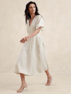 Maya Linen Midi Dress | Banana Republic Linen Dresses Summer Chic Wrap, Long Sleeve Midi Dress Casual White, Simple Linen Dress Blouse, White Dress Modest Midi, Linen Dresses Elegant Summer, Cream Midi Shirt Dress, Minimal White Dress With Sleeves, Modest White Midi Dresses, Linen Dress Elegant Classy Midi