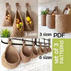 three baskets hanging on the wall with different sizes and patterns to display fruit in them