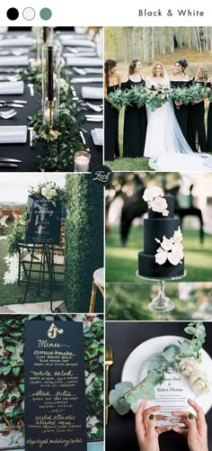 black and white wedding color scheme with greenery