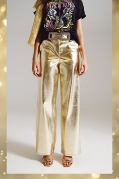 Metallics are in and from a streetwear brand! Enjoy our End of Year Sale Event starting this Thursday December 7, Code: SHOP20. Discover more styles from this brand and others right on our website. #quirkitrendz #gifting #endofseasonsale #boxing day #fashion #trends #metallic #streetwear Gold Pants Suits For Women, Gold Shiny Pants, Glitter Blazer Gold Pant, Golden Flare Pants, Casual Gold Bottoms, Luxury Gold Pants, Luxury Gold Pants For Festive Season, 70s Gold Pants, Gold Foil Leggings