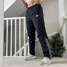 Vintage Adidas Nylon Regular Fit Track Pants     💫 Tag says size Medium and sizing is flexible due to drawcord waist, can be unisex, toggled bottom hem 28" inner leg Seen on size 10uk, 5'4" With white marks as shown but overall Good condition joggers sportswear trackie track-pant tracksuit bottom sweatpants casual streetwear baggy pants parachute pants y2k 00s gymwear activewear unisex  57 Adidas Old School Track Suit, Windbreaker Track Pants, Pants Y2k, Adidas Vintage, Track Pant, Baggy Pants, Baggy Pant, White Mark, Vintage Adidas