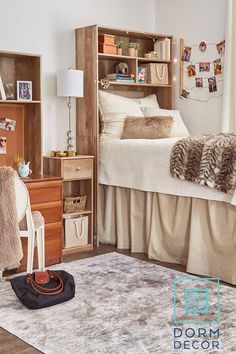 a bedroom with a bed, desk and chair in it's centerpieces