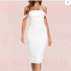 Never Came With Tags On. Zia Bodycon Dress In Pearl White The Zia Bodycon Wrap Style Midi Dress In Pearl White Is Perfect For Any Special Event With Off Shoulder Drape Style Straps, Wrap Ruched Bodice And Knee-Length Midi Finish. Bandage Dress Outfit, Pearl White Color, White Dress Formal, White Homecoming Dresses, Bandage Dresses, White Bodycon, White Bodycon Dress, Clubwear Dresses, Wrap Midi Dress