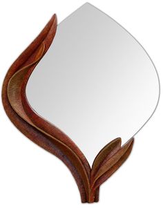 a mirror that is shaped like a leaf and has an oval shape on the top