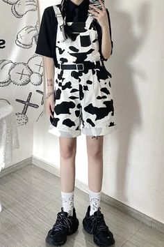 Loose Cow Pattern Short Jumpsuit – Tomscloth Cute Cow Print Outfit, Casual White Short Sleeve Jumpsuits And Rompers, Cotton Long Sleeve Summer Overalls, Summer Cotton Long Sleeve Overalls, Cow Print Jumpsuit, Casual White Summer Overalls, Cow Shorts, Cow Swimsuit, Cotton Short Sleeve T-shirt With Cow Print