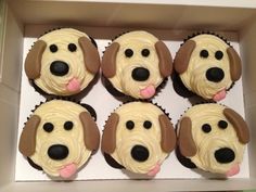 six cupcakes in a box decorated with dogs'faces and noses are ready to be eaten