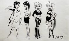 three cartoon characters standing next to each other in front of a white sheet with black ink