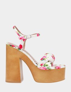 MANDEE WHITE MULTI | Women's Floral Heel – Betsey Johnson Fabric Platform High Heel Sandals, Fabric High Heel Platform Sandals, High Heel Fabric Platform Sandals, Multicolor Floral Print Synthetic Sandals, White Fabric Open Toe Heels, White Floral Print High Heel Sandals, White High Heel Sandals With Floral Print, Summer Floral Print High Heels, White Ankle Strap Heels With Floral Print