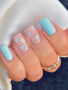 Anniversary Gel Nail Designs, Gender Reveal Nails, Unghie Nail Art, February Nails, Her Nails, Short Acrylic Nails Designs, Beach Nails, Heart Nails