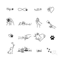 various hand and paw tattoos on a white background