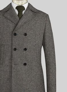 To stand out sartorially in the office is to walk in the Gray Herringbone Flecks Donegal Tweed Pea Coat. Crafted from pure wool, the fabric reflects the colorful and wild landscape that has inspired the weavers for hundreds of years, making the Donegal tweed so unique. The gray peacoat is evergreen and contemporary at the same time, allowing you to look the best all day.  Look Includes   Gray Herringbone Flecks Donegal Tweed Fabric  Horn Royal Black Buttons  Side Pockets    Click 'Customize Now' Wool Double-breasted Outerwear For Semi-formal Occasions, Double-breasted Tweed Jacket With Button Fastening, Double Button Lapel Collar Tweed Jacket, Tweed Jacket With Double Button And Lapel Collar, Tailored Herringbone Outerwear For Semi-formal Occasions, Luxury Double-breasted Tweed Outerwear, Business Tweed Outerwear With Concealed Placket, Office Tweed Jacket With Double-breasted Buttons, Luxury Tweed Double-breasted Outerwear