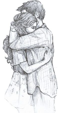 two people hugging each other with their arms around one another, in the middle of a drawing