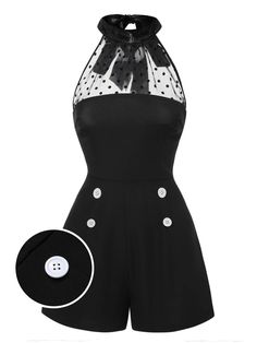 [Pre-Sale] Black 1950s Polka Dots Sheer Neck Romper 1950s Womens Fashion, 1950s Romper, Millie Core, Rompers Outfit, Pinup Fashion, 1950s Fashion Women, Coquette Clothing, Retro Stage, Outfit Reference