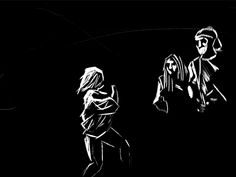 a black and white drawing of two people walking in the dark, with one person wearing a hat