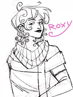 a drawing of a woman with curly hair and a scarf on her neck, wearing a sweater