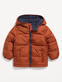 Frost-Free Water-Resistant Unisex Zip Puffer Jacket for Toddler | Old Navy Hooded Outerwear With Ribbed Cuffs For Cold Weather, Hooded Winter Outerwear With Ribbed Cuffs, Winter Hooded Outerwear With Ribbed Cuffs, Casual Puffer Jacket With Adjustable Hood, Fall Fleece-lined Long Sleeve Puffer Jacket, Fall Puffer Jacket With Fleece Lining, Fall Puffer Jacket With Fleece Lining And Long Sleeves, Brown Puffer Jacket For Outdoor, Brown Long Sleeve Puffer Jacket For Outdoor