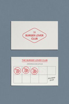 the burger lover club business card is shown on a gray background with red and white lettering