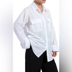 Nwot Never Worn White Button Up Collared Blouse From H&M Size Small Oversized Fit Double Breasted Pockets H&m Relaxed Fit Shirt With Buttons, Chic Button-up Shirt By H&m, Chic H&m Button-up Shirt, Trendy Button-up H&m Blouse, Trendy Button-up Blouse From H&m, Trendy Button-up Blouse By H&m, H&m Button-up Blouse For Day Out, H&m Tops With Buttons And Relaxed Fit, H&m Shirt With Button Closure For Daywear