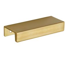 a wooden shelf with a metal handle on it's end, against a white background