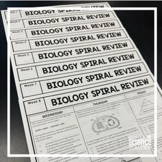 some papers are stacked on top of each other with the words, biology spiral review