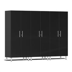 a black cabinet with four doors on each side and three legs in the middle, against a white background